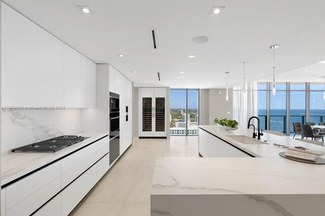 kitchen with a water view, a healthy amount of sunlight, sink, and hanging light fixtures