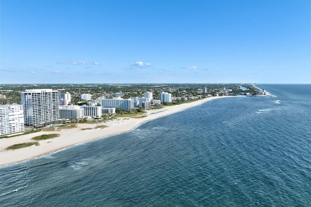 drone / aerial view with a water view and a beach view