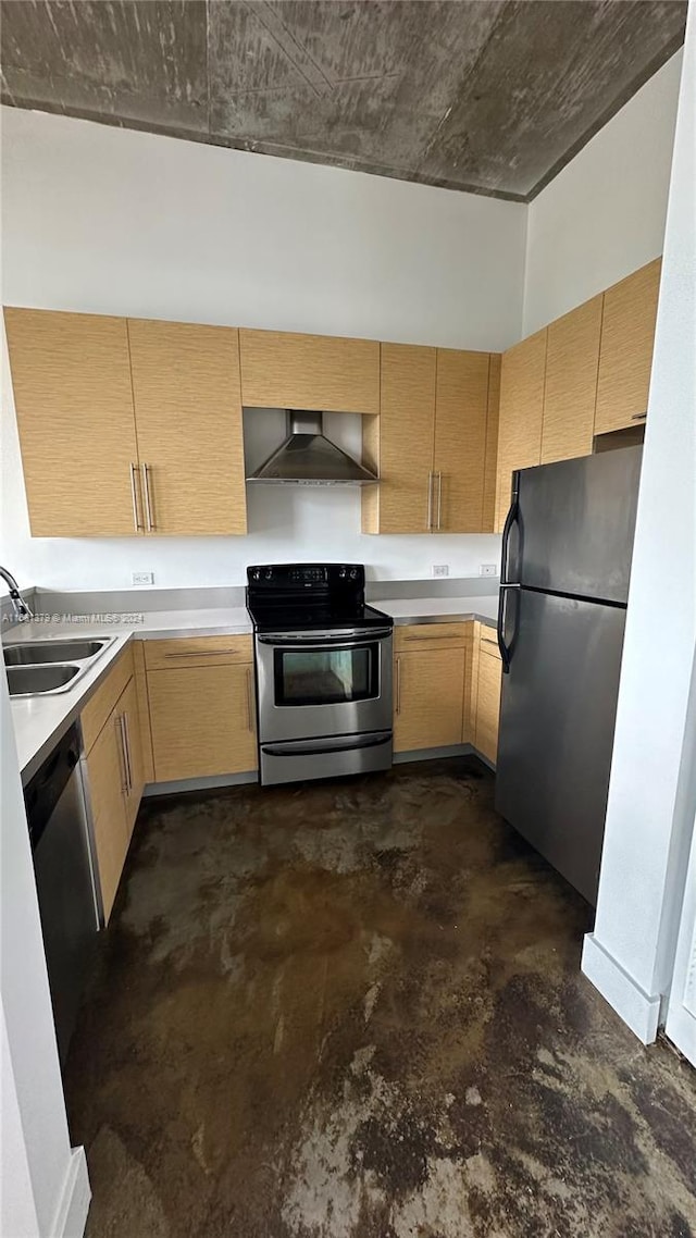 kitchen with wall chimney range hood, stainless steel appliances, sink, and light brown cabinetry