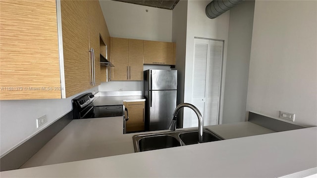 kitchen with appliances with stainless steel finishes, sink, and exhaust hood