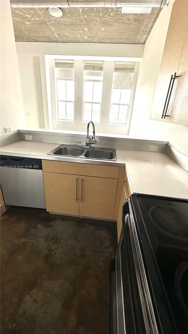 kitchen featuring light brown cabinetry, sink, dishwasher, and black range