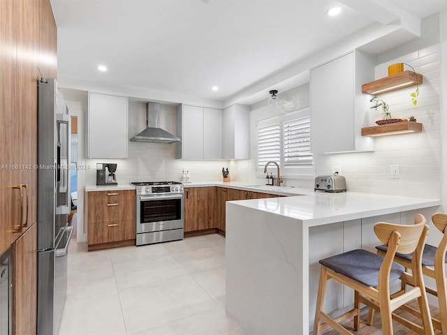 kitchen with appliances with stainless steel finishes, a kitchen bar, white cabinets, kitchen peninsula, and wall chimney exhaust hood