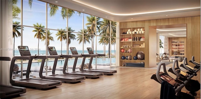 workout area featuring plenty of natural light, a water view, and hardwood / wood-style flooring