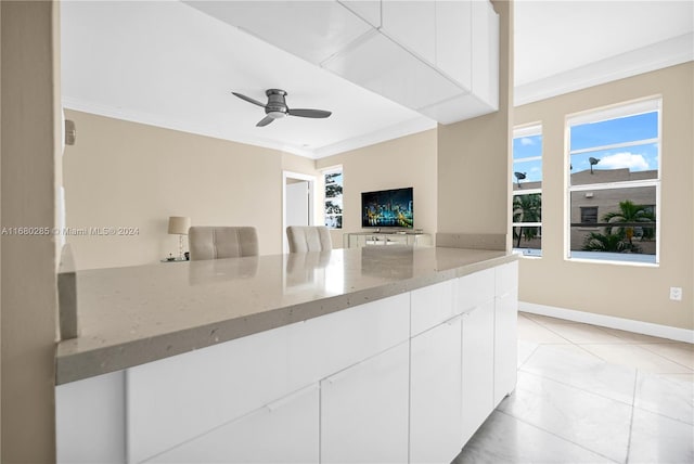 kitchen with ceiling fan, light stone counters, ornamental molding, and white cabinets