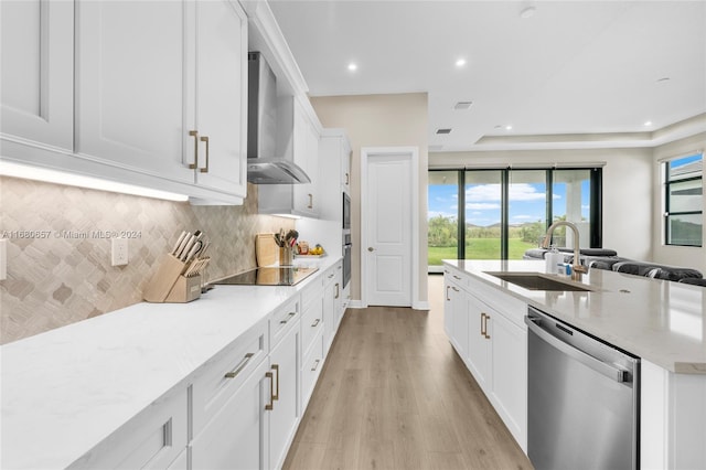 kitchen featuring stainless steel appliances, light stone countertops, sink, light hardwood / wood-style floors, and wall chimney exhaust hood