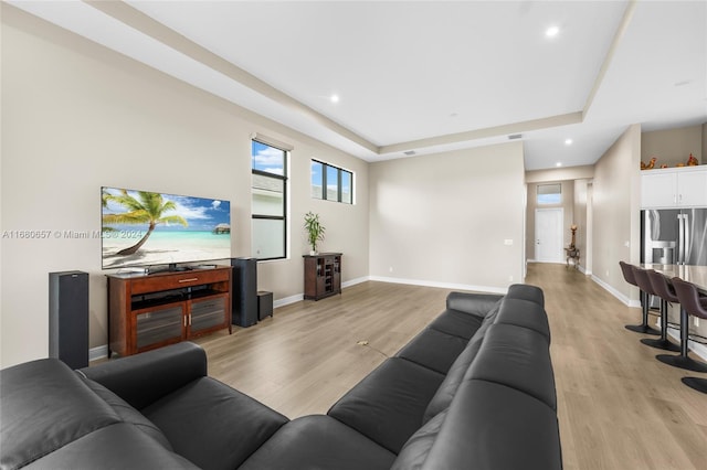 living room featuring a tray ceiling and light hardwood / wood-style flooring