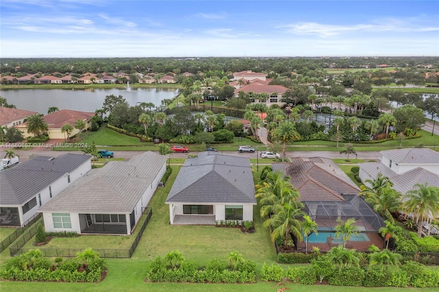 bird's eye view with a water view