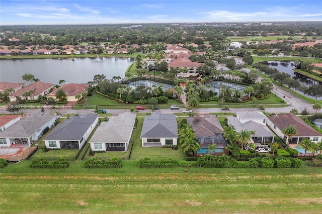 drone / aerial view with a water view