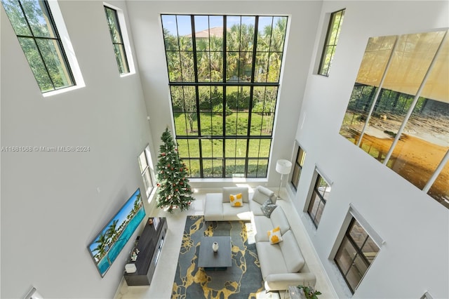 living room featuring a towering ceiling