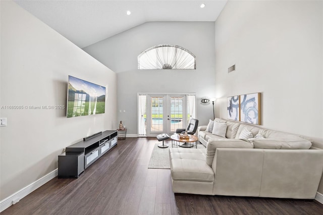 living room featuring french doors, visible vents, baseboards, and dark wood-style flooring