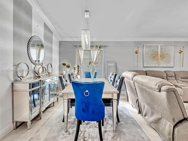 dining space with ornamental molding and light tile patterned floors