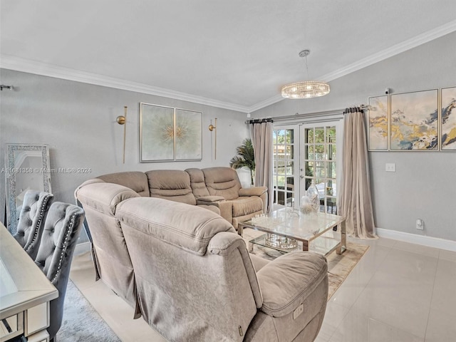 tiled living room with vaulted ceiling, ornamental molding, and an inviting chandelier