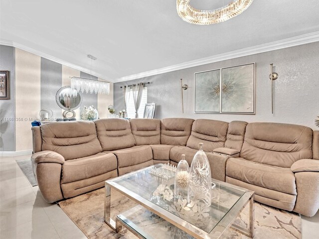 living room with ornamental molding, vaulted ceiling, and light tile patterned flooring