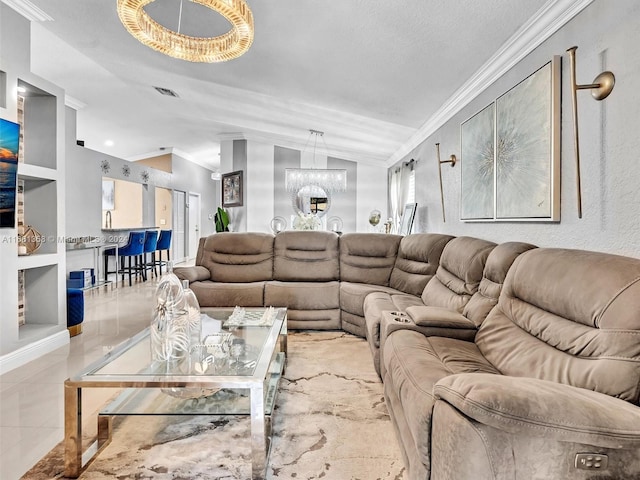 tiled living room featuring ornamental molding, vaulted ceiling, a notable chandelier, a textured ceiling, and built in shelves