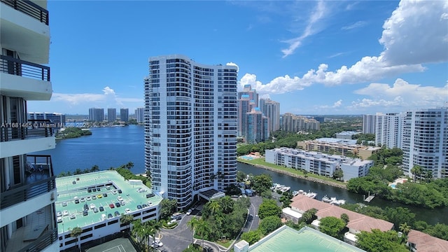 exterior space with a water view