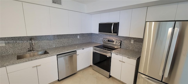 kitchen featuring appliances with stainless steel finishes, sink, white cabinets, backsplash, and light tile patterned floors