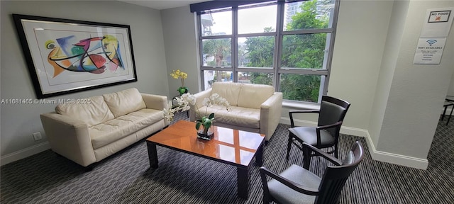 living room featuring dark colored carpet