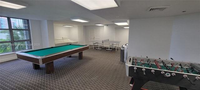 recreation room with dark colored carpet and billiards