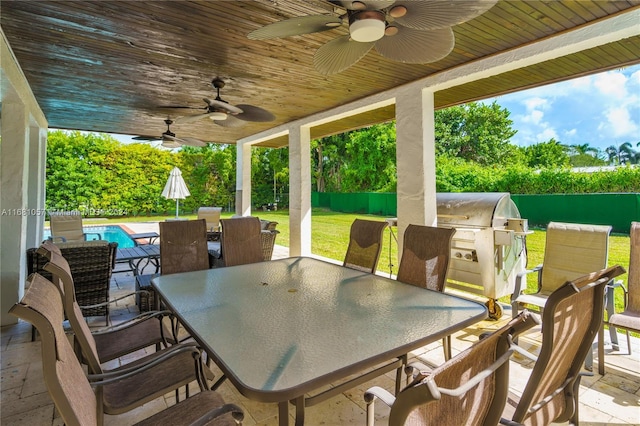 view of patio / terrace with ceiling fan, a fenced in pool, and an outdoor kitchen