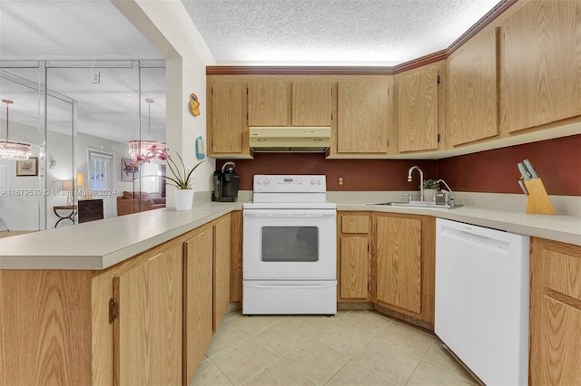 kitchen with a textured ceiling, sink, white appliances, and kitchen peninsula