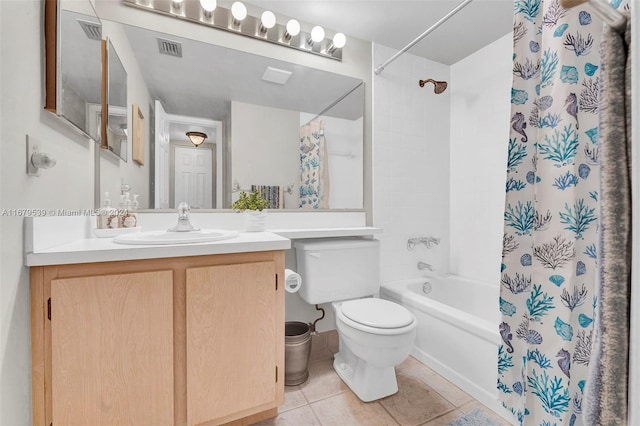 full bathroom featuring shower / bath combination with curtain, vanity, toilet, and tile patterned floors