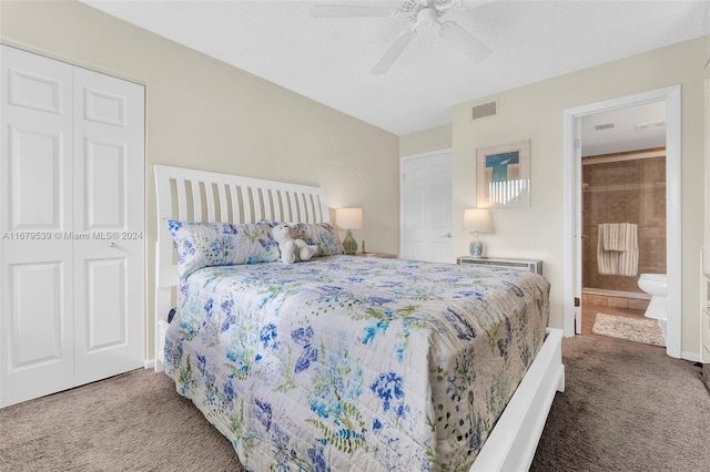 carpeted bedroom featuring ceiling fan and ensuite bathroom