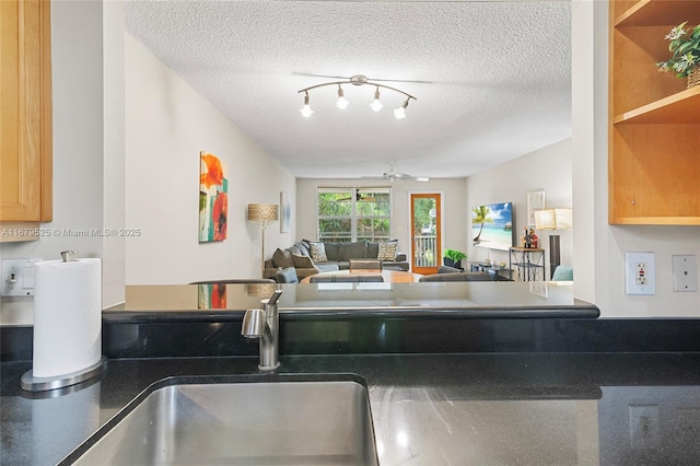 kitchen featuring a textured ceiling, ceiling fan, and sink