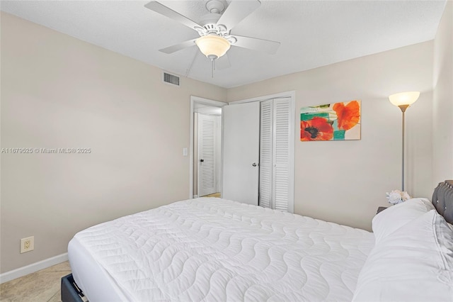 bedroom featuring ceiling fan and a closet