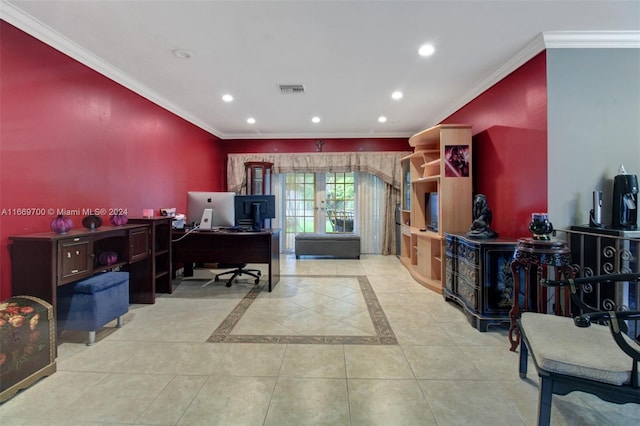 office with crown molding and light tile patterned floors