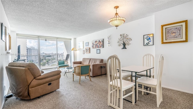 carpeted dining room featuring a wall of windows and a textured ceiling