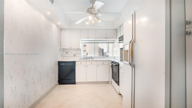 kitchen featuring sink, white cabinets, white appliances, and ceiling fan