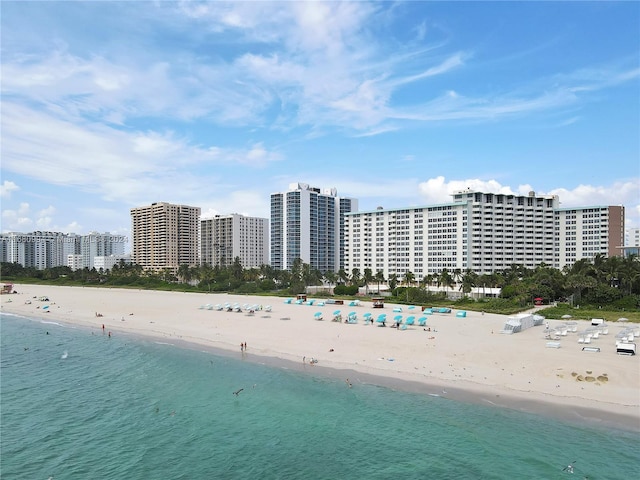 aerial view with a water view and a beach view