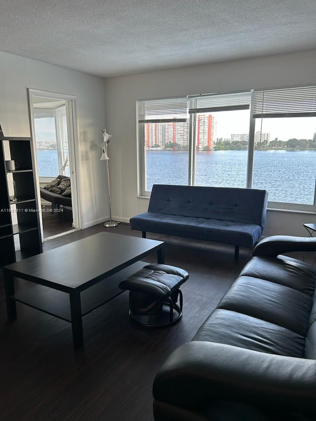 living room featuring a water view, wood-type flooring, and a textured ceiling