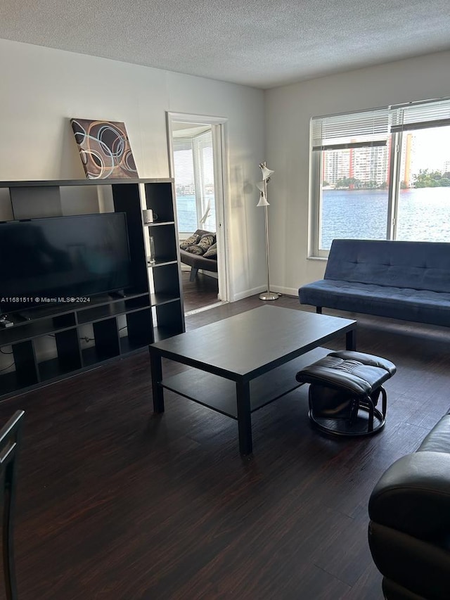 living room with dark wood-type flooring and a textured ceiling