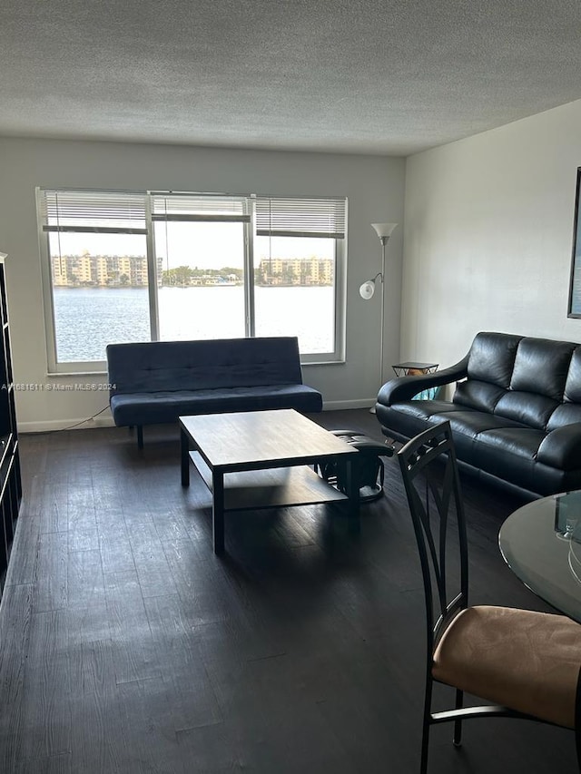 living room featuring a water view, a textured ceiling, and dark hardwood / wood-style flooring