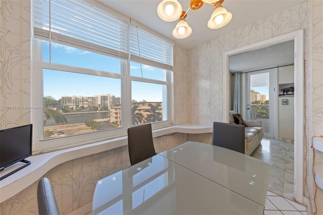 home office with a chandelier