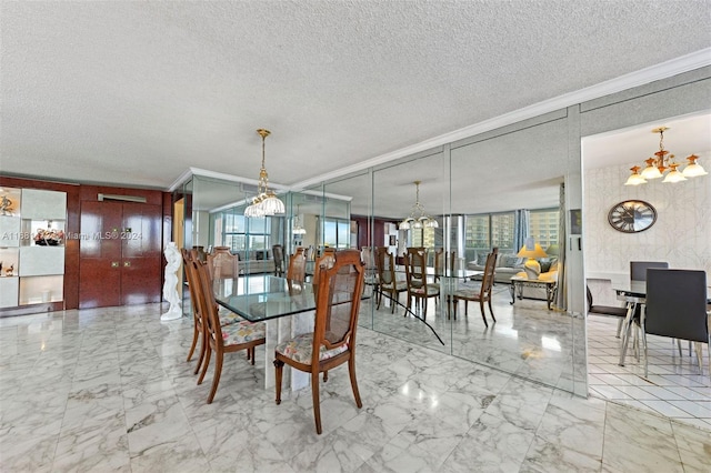 dining area with crown molding, a textured ceiling, and an inviting chandelier