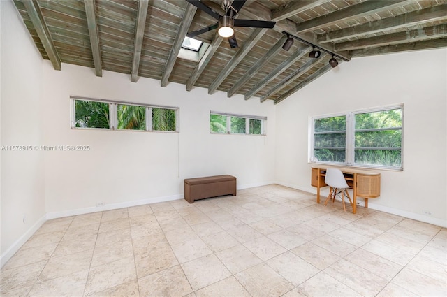 spare room with beam ceiling, ceiling fan, and wooden ceiling