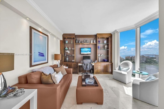 living room featuring crown molding and expansive windows