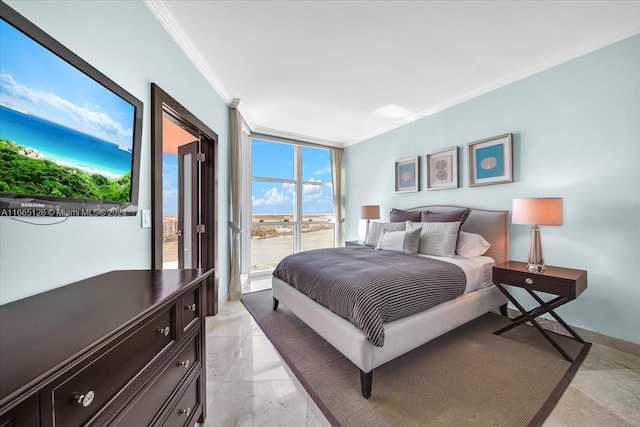 bedroom with floor to ceiling windows and crown molding