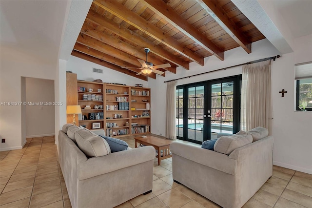 7901 SW 133rd St, Pinecrest, FL 33156 - living area featuring french doors, wooden ceiling, light tile patterned floors, and a ceiling fan