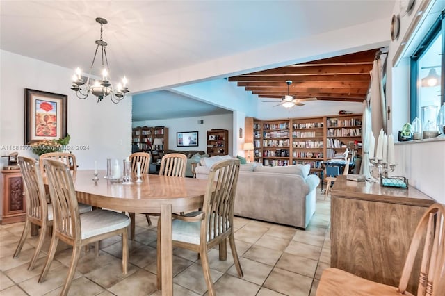 dining space with light tile patterned flooring, vaulted ceiling with beams, and ceiling fan with notable chandelier