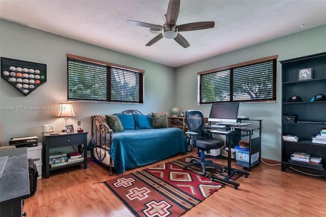 bedroom featuring a ceiling fan, multiple windows, and wood finished floors
