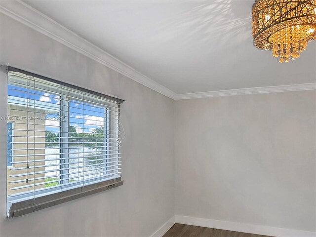 empty room with ornamental molding and wood-type flooring