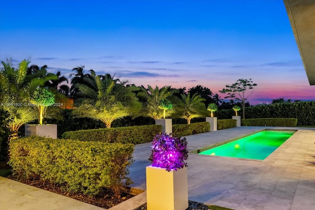 pool at dusk featuring a patio