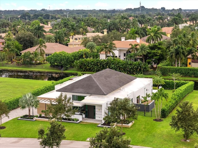 aerial view featuring a water view