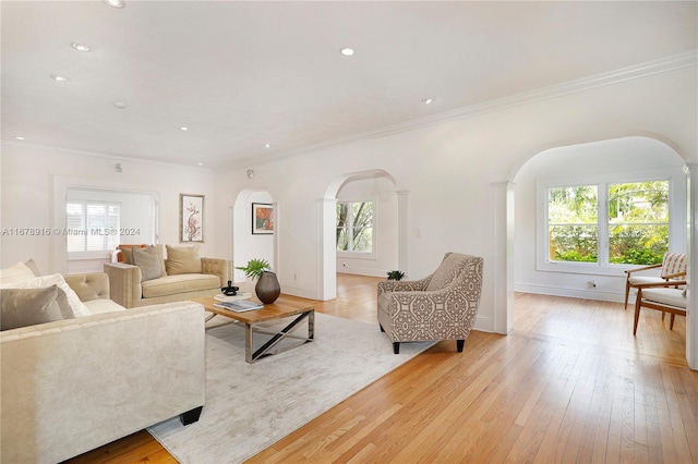 living room featuring light hardwood / wood-style flooring, ornamental molding, and a wealth of natural light