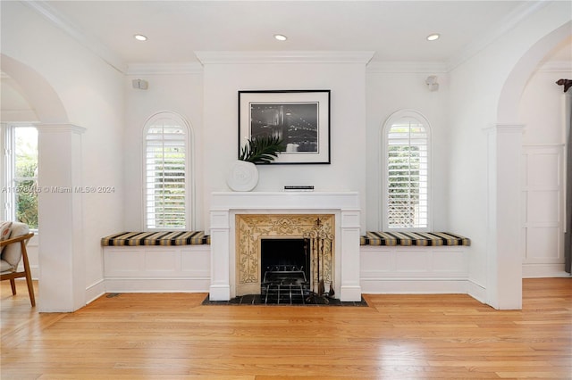 living room with crown molding, a healthy amount of sunlight, and light hardwood / wood-style flooring