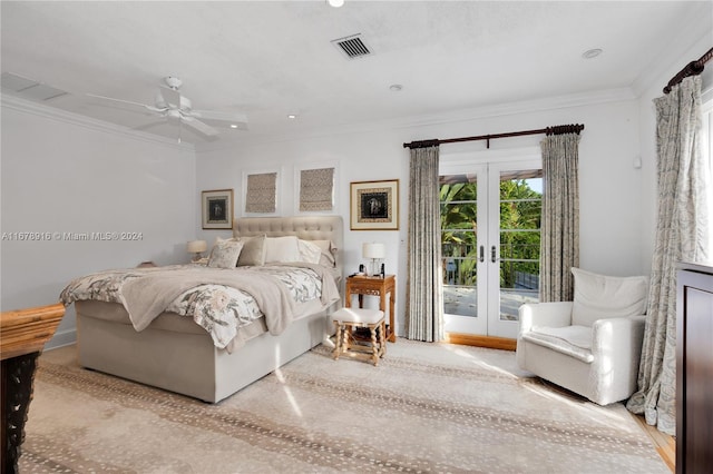 bedroom featuring ornamental molding, french doors, access to exterior, and ceiling fan