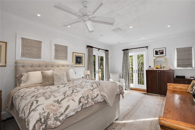 bedroom featuring access to outside, french doors, crown molding, and ceiling fan